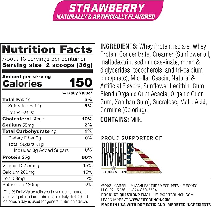 Fit Crunch Tri-Blend Whey Protein Keto Friendly Low Calories High Protein Gluten Free Soy Free (18 Servings Strawberry)