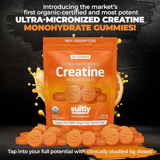 USDA Organic Ultra-Micronized Creatine Gummies for Men &amp Women Orange Max Absorption 5g Creatine Gummies Sugar Free for Muscle Gain Energy &amp Recovery Muscle Builder for Women with Pouch - 1