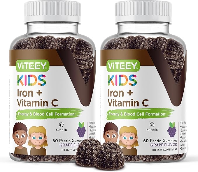 VITEEY Iron for Kids with Vitamin C - Supports Energy Blood Cell Formulation Blood Builder Anemia Kids Iron Supplements - Vegan Gelatin Free Gluten Free - Tasty Chewable Grape Flavored Gummy