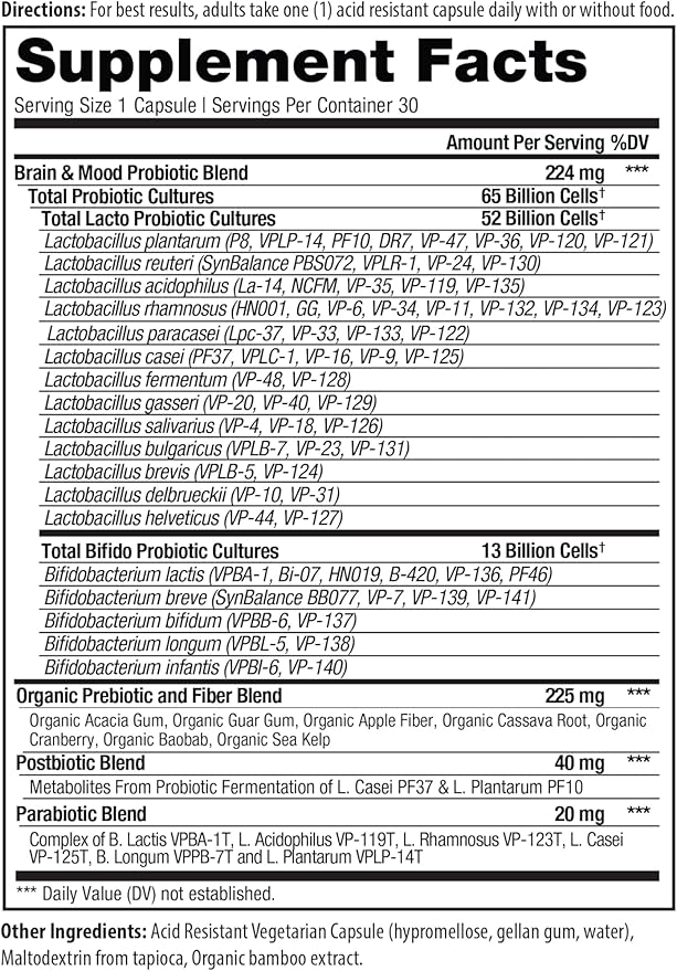 Vital Pro Naturals - Brain &amp Mood Probiotics + Prebiotics Postbiotics Parabiotics 4-in-1 Health Supplement for Adults High Potency 67 Strains Digestive Brain and Immune Health 30 ct