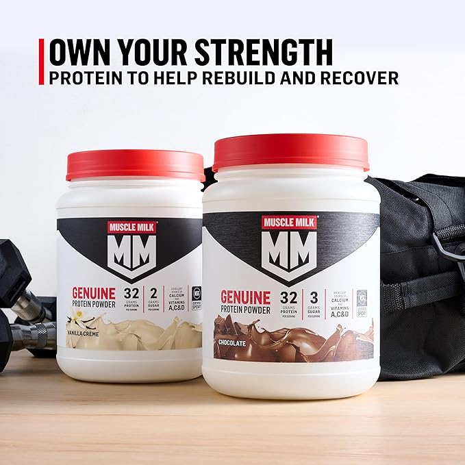 Muscle Milk Genuine Protein Powder Banana Crème 1.93 Pounds 13 Servings 32g Protein 4g Sugar Calcium Vitamins A C &amp D NSF Certified for Sport Energizing Snack Packaging May Vary
