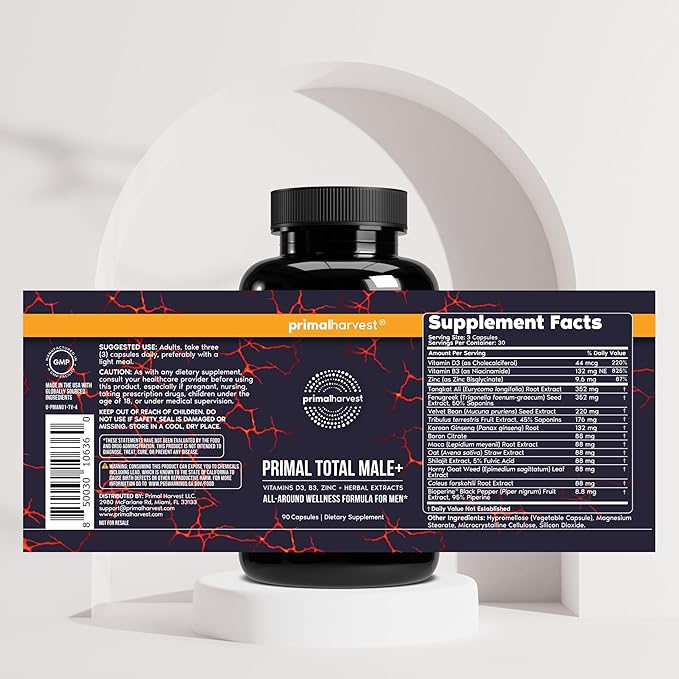 Primal Harvest Total Male+ Multivitamin for Men with Essential Vitamins Minerals and Herbal Support for Energy Vitality Immune Health and Performance