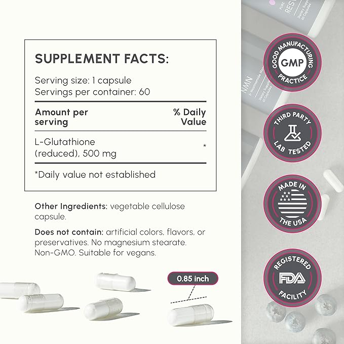 L-Glutathione 500mg - High Potency Glutathione Supplement for Liver Detox Immune Support &amp Skin Health - Bioavailable Antioxidant Support - 60 Veggie Capsules