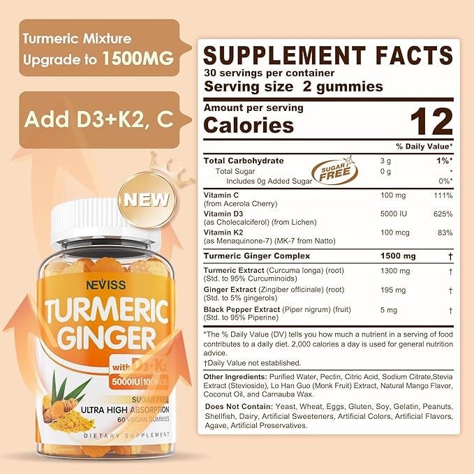 Sugar Free Turmeric Ginger Gummies 1500mg with Vitamin D3 5000IU &amp K2 for Women &amp Men Curcumin Ginger Gummies for Adults for Immune &amp Digestive Support - Vegan Mango Flavor 60 Count