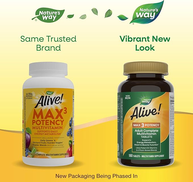 Nature's Way Alive! Max3 Potency Daily Multivitamin Methylated B12 and Folate Ultra Potency B-Vitamins to Support Energy Metabolism* 180 Tablets (Pack of 2)