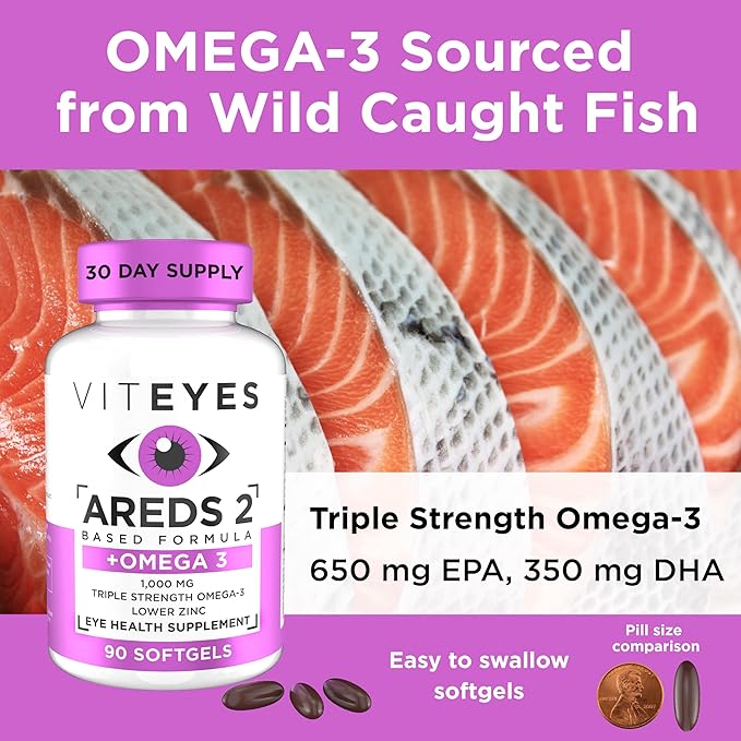 Viteyes AREDS 2 + Omega-3 Macular Health Formula Softgels Triple Strength Omega-3 (650 mg EPA 350 mg DHA) Eye Health Vitamin for Vision Protection 90 Softgels