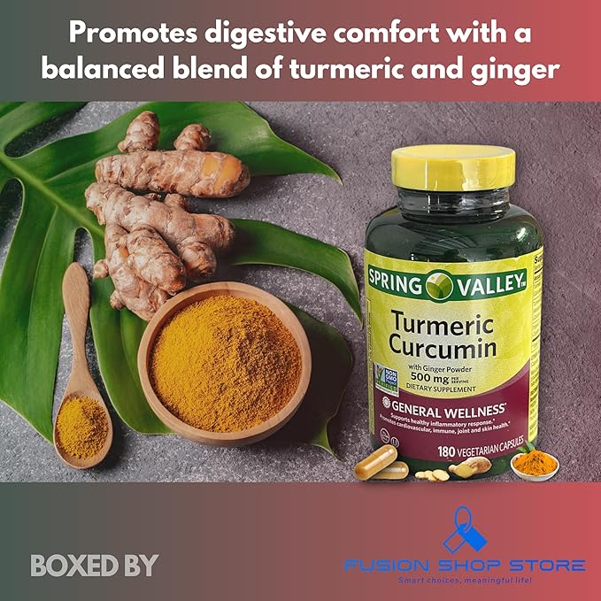 Turmeric Curcumin 500mg with Ginger Powder- Vegetarian Capsules 180ct (Pack of 1) Boxed by Fusion Shop Store