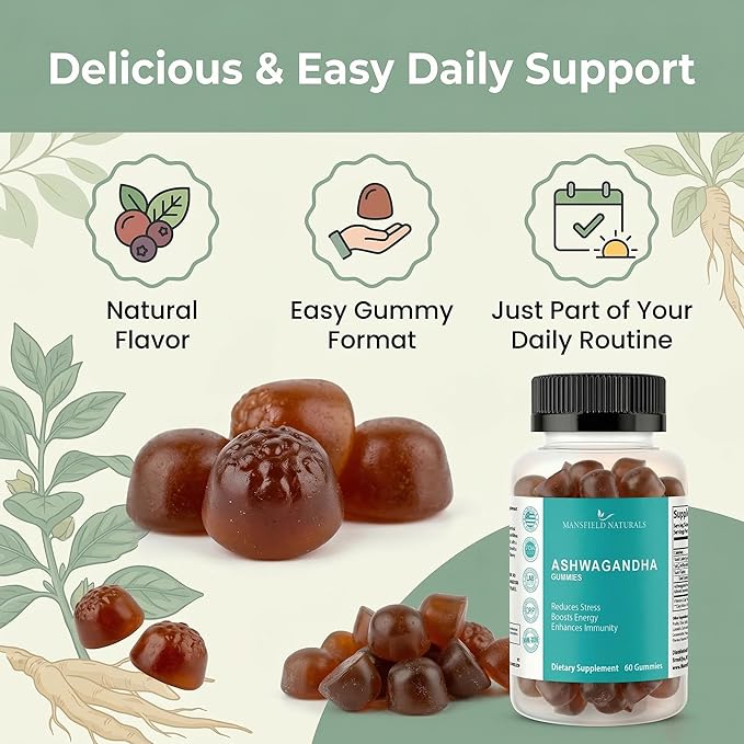 Ashwagandha Gummies with Ashwagandha Root Extract 60 Count Natural Stress Relief &amp Mood Support Vegan Non-GMO Gluten Free Herbal Supplement Pack of 1