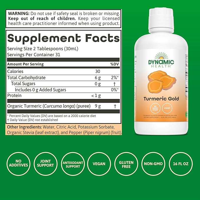 Dynamic Health Turmeric Gold 100% Juice Turmeric Supplement No Additives Joint Support Antioxidant Inflammation Vegan Gluten Free Non-GMO 32 Fl Oz