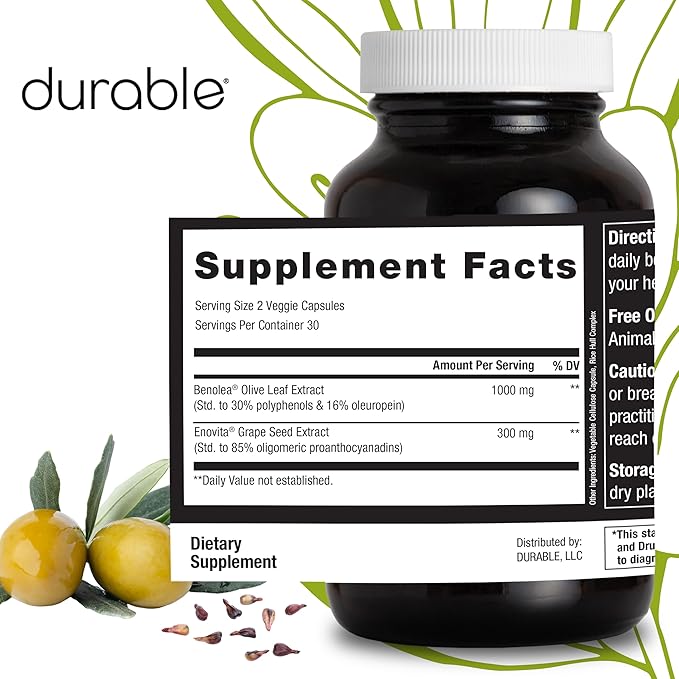 Durable Blood Pressure – Benolea Olive Leaf &amp Enovita Grape Seed Extract – Healthy Circulation Nitric Oxide &amp Artery Support – Doctor Formulated Vegan Non-GMO Made in USA (60 Capsules)