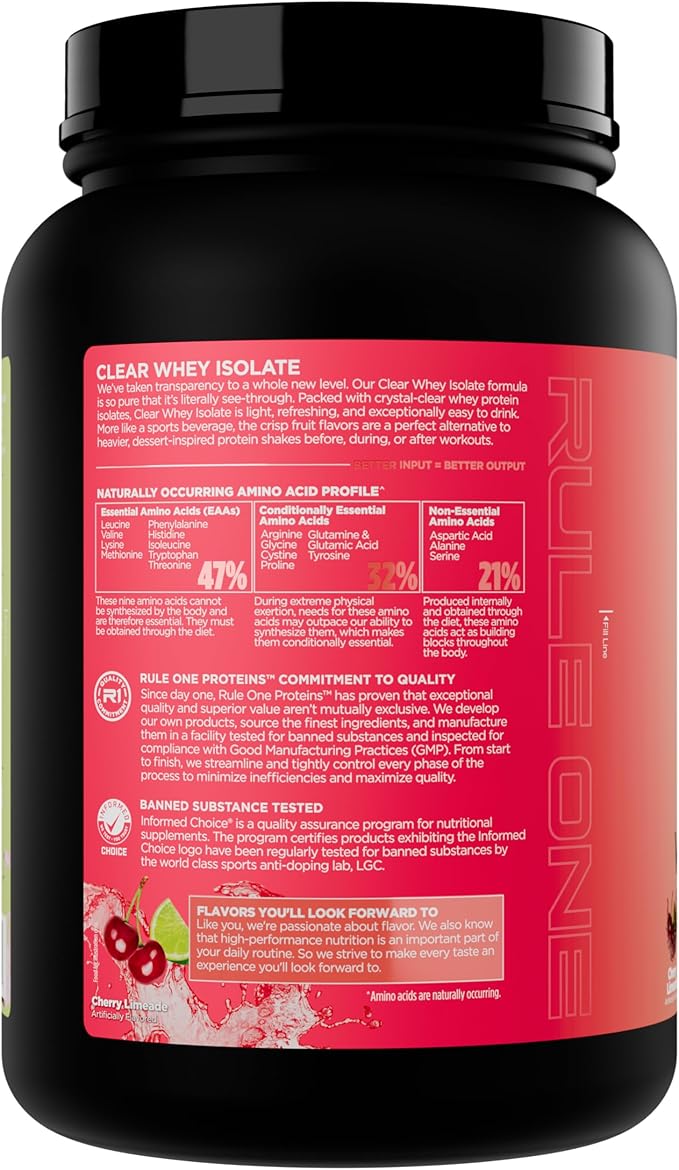 Rule 1 Clear Whey Isolate - 20g All-Whey Isolate Protein Mix Over 9g EAAs 90 Calories Zero Sugar Easy to Digest Light Crisp and Refreshing Taste (27 Servings Cherry Limade)