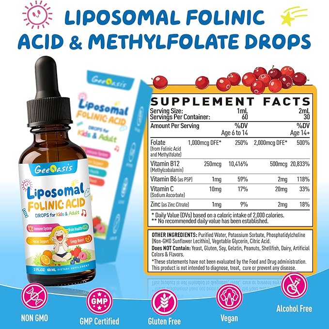 Liquid Folinic Acid &amp Methylfolate Drops for Kids Folic Acid Supplement with Methylated B12 for Women with Zinc Citrate Vitamin B6 &amp C Support for Brain Focus &amp Cellular Health MTHF