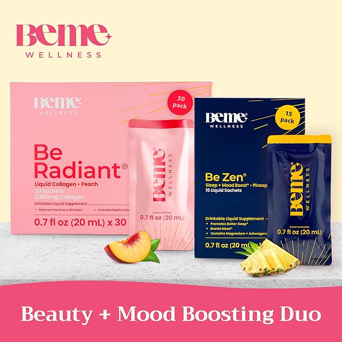 BeMe BeRadiant Peach &amp BeZen Bundle - Liquid Collagen &amp Magnesium Glycinate L-Theanine Supplements