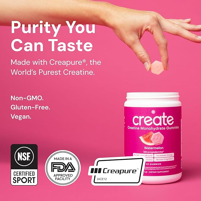 Create Creatine Monohydrate Gummies - Beach Day Duo - Sour Peach &amp Watermelon - Creatine Gummies for Women &amp Men NSF Certified 3rd Party Tested Anti-Melting Formula 180 Count (2-Pack)