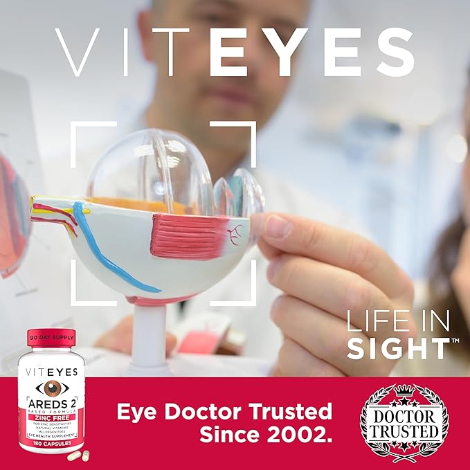 Viteyes AREDS 2 Zinc Free Macular Support Natural Allergen Free Capsules with Vitamin E Vitamin C Lutein &amp Zeaxanthin No Zinc No Copper Eye Doctor Trusted Manufactured in The USA 180 Ct