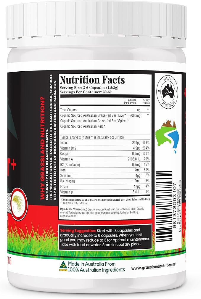 GRASSLAND NUTRITION 100% Organic Australian: Iron Support Beef Organ Blend and Spleen - High in Iron B12 Iodine (180 Capsules)