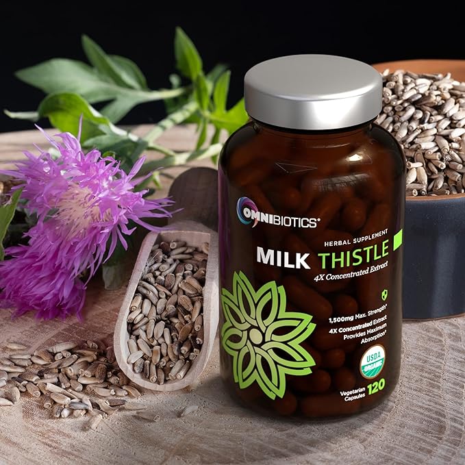 OmniBiotics Organic Milk Thistle Supplement 1500mg – 4X Concentrated Extract with Silymarin – High Potency Liver Detox &amp Support – 120 Vegan Capsules