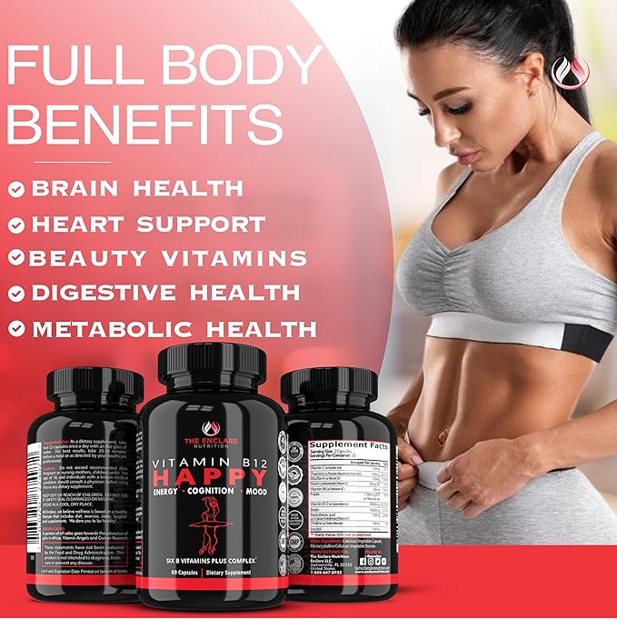 THE ENCLARE NUTRITION Vitamin B12 - B Complex Vitamins Supplement-Energy Metabolism Nervous System Support Brain Heart Tissue Health with Vitamin C &amp B(12 35678912) Vegan Max Strength