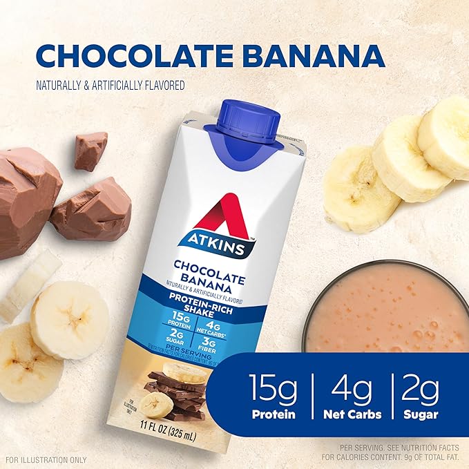 Atkins Chai Tea Latte and Chocolate Banana Protein Shakes Bundle 15g Protein Low Glycemic 3-4g Net Carbs 1-2g Sugar