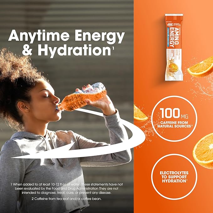 Optimum Nutrition Amino Energy Hydration Packets On-The-Go Energy Powder Stick Packs Tangerine Wave 25 Count