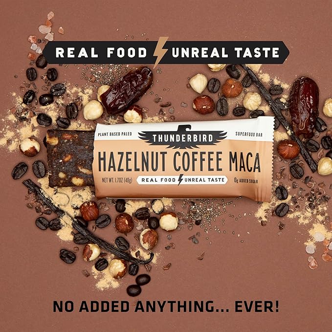 Thunderbird Bars Energy Snack Gluten-Free with Protein Healthy Real Food Vegan Paleo Non-GMO No Added Sugar Hazelnut Coffee Maca Flavor (12 Count 1.7 oz. Bars)