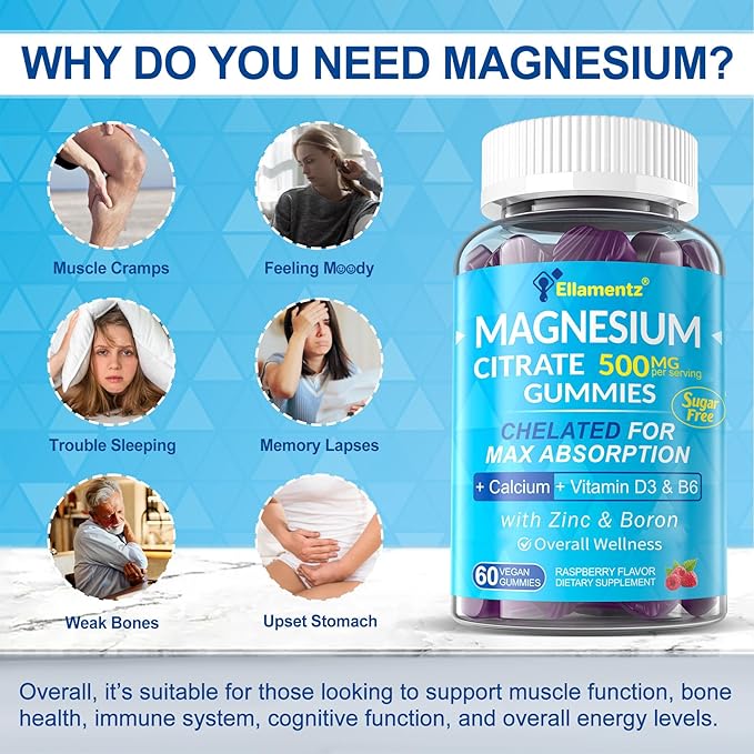 Magnesium Citrate Gummies 500mg for Women Men Sugar Free Magnesium Citrate for Constipation &amp Bloated | Chelated Magnesium Supplement w/ B6 for Mood Calm | Calcium Magnesium for Bone &amp Muscl