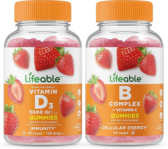 Lifeable Vitamin D 5000 IU + B Complex Gummies Bundle - Great Tasting Vitamin Supplement Gluten Free GMO Free Chewable Gummy