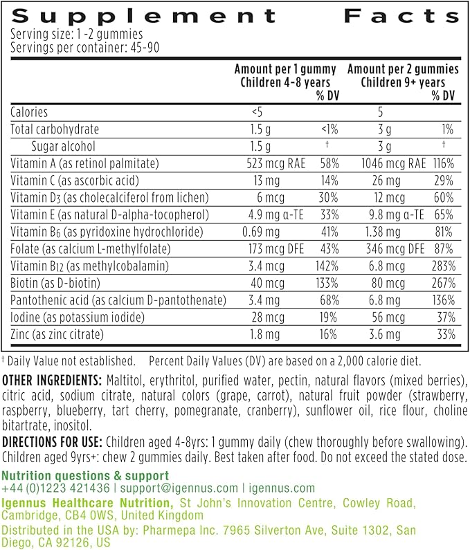 Igennus Methylated Kids Multivitamin Gummies MTHFR No Artificial Sweeteners or Flavors Sugar Free Age 4+ 90 Natural Berry Flavor Gummies from Fruit Powder Non-GMO Halal Clean Label