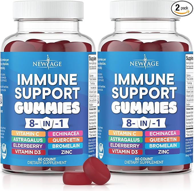 NEW AGE 8 in 1 Immune Support Booster Supplement with Astragalus Root Vitamin C and Zinc 50mg Vitamin D 5000 IU Quercetin &amp Bromelain (8 in 1 Gummies (Pack of 2))