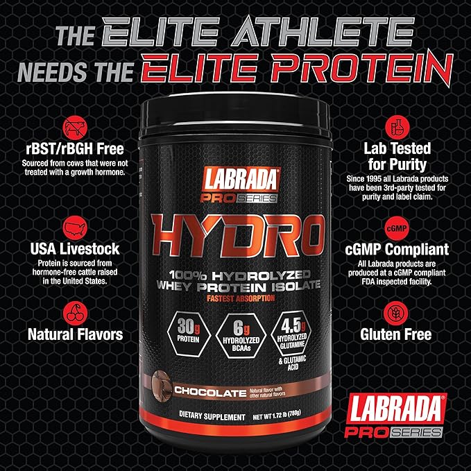 LABRADA Hydro 100% Pure Hydrolyzed Whey Protein Isolate Powder Lactose Free Fastest Digesting Instant MixingDelicious Taste 20 Servings(Chocolate)