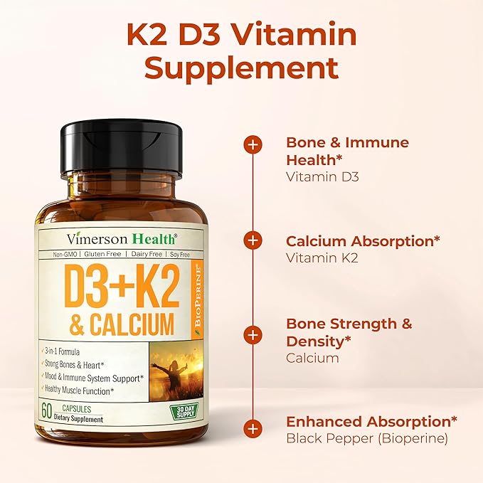 Vitamin D3 K2 Supplement – All-in-1 Support for Immune Bone &amp Heart Health with Vitamin D + Vitamin K (as MK7) – K2 D3 (5000 IU) Vitamin Supplement with Black Pepper for Max Absorption 60 Capsul