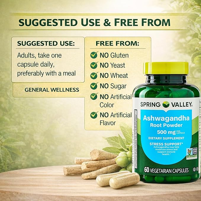 Ashwagandha Root Powder Capsules 500mg from Spring Valley - Natural Stress Relief &amp Energy Support Supplement 60 Count with Luall’s 45 Diabetes Decoded