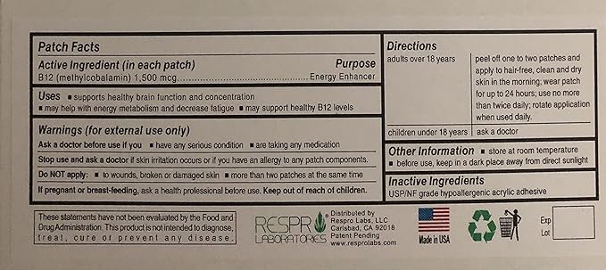 Respro Labs High Potency B12 Energy Patch - 30 Patches