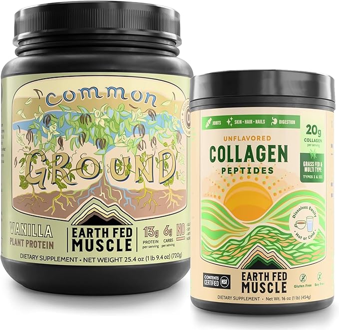 Earth Fed Muscle Vegan Wellness Pack – Plant-Based Vanilla Protein Powder + Grass-Fed Collagen Peptides – Clean Energy Muscle Recovery Hair Skin &amp Joint Support – Gluten Free &amp Keto Friendl