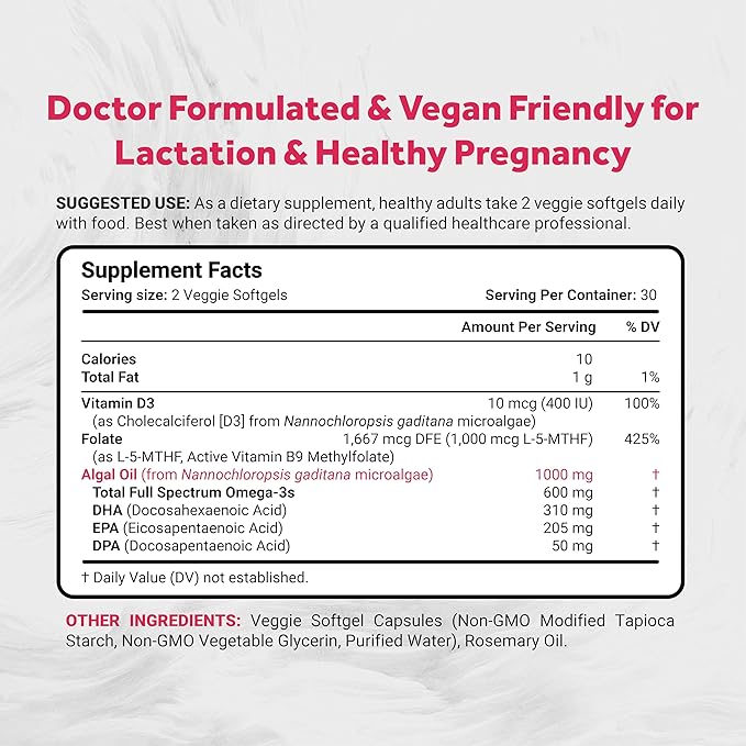 Naturalis Vegan Prenatal with Full Specrum Omega-3 | Algae DHA EPA DPA Vitamin D3 &amp Active Folate L 5-MTHF | Vegan Society Certified Sustainably Sourced Non-GMO &amp Soy Free | 60 Veggie Sof