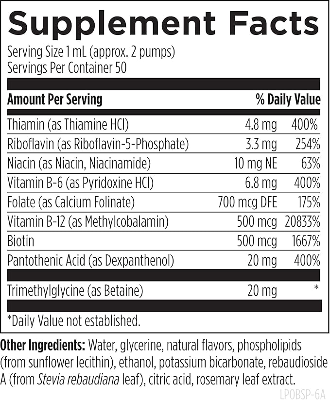 Designs for Health Liposomal B Supreme - Liquid B Vitamin Complex with Superior Absorption - Folate Vitamin B12 B6 Biotin TMG + More - Oral Delivery Pump with Citrus Flavor (50 Servings / 1.7oz)