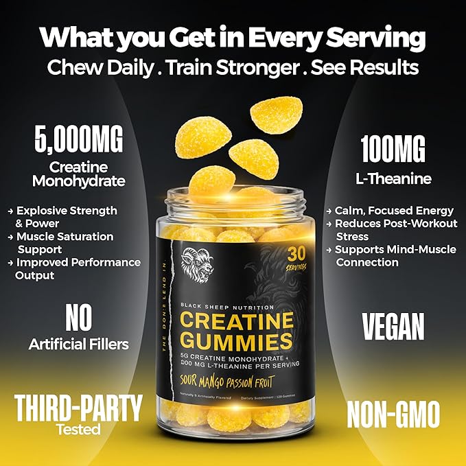 Creatine Monohydrate Gummies for Men and Women 5g Creatine + L-Theanine for Muscle Growth Strength Focus &amp Energy Vegan Non GMO Gluten Free (120 Count 30 Servings)