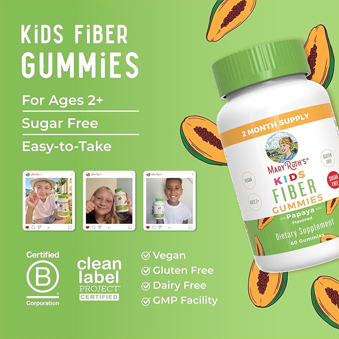 MaryRuth Organics Fiber Gummies for Kids | 2 Month Supply | Sugar Free | Soluble Fiber Supplement | Gut Health &amp Digestion Support | 3g Fiber per Gummy | Vegan | 60 Count