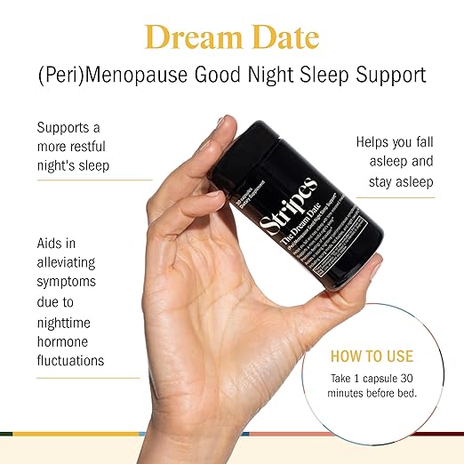 Stripes Beauty Naomi Watts The Dream Date Good Night Sleep Support Supplement Relieve Hot Flashes Racing Thoughts Sleeplessness Nighttime Menopause Support 30 Ct