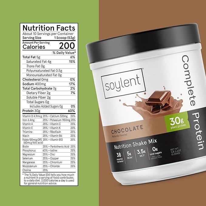 Soylent Complete Protein Powder Chocolate 30g Protein Shake for Muscle Growth and Recovery BCAAs DHA MCT 28 Vitamins &amp Minerals Zero Sugar Gluten Free Vegan - 1.25lb