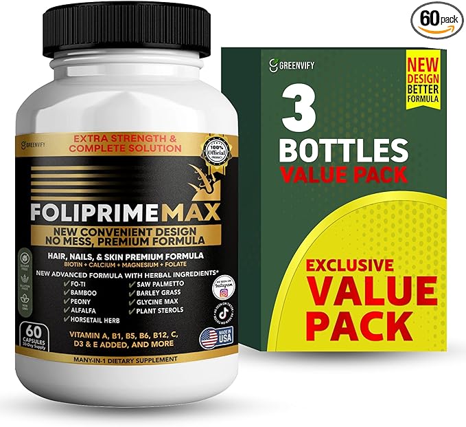 Foliprime Max Hair Nails &amp Skin Supplement with Biotin Vitamins Minerals &amp Herbal Blend 60 Capsules (3)