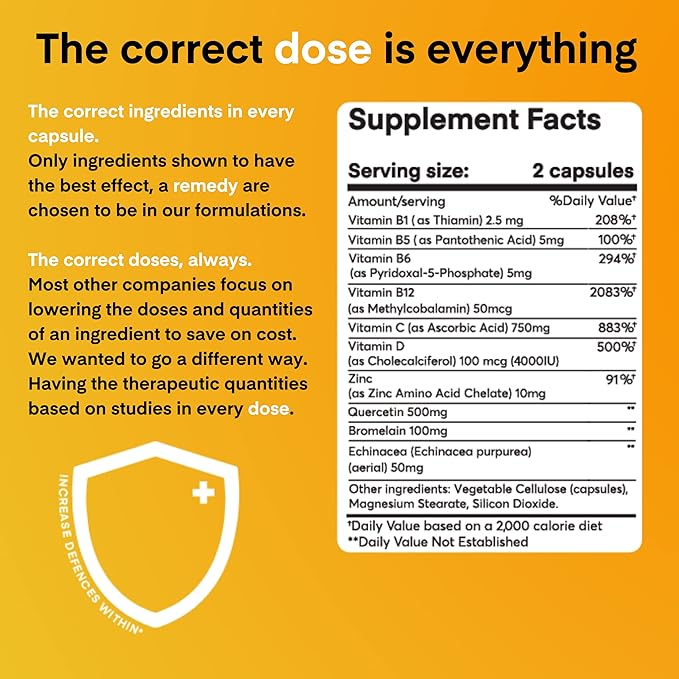 A Dose of Immunity Quercetin with Vitamin C and Zinc Vitamin D 500mg Quercetin Bromelain with Echinacea &amp B Vitamins Lung Immune Support Supplement 7 in 1 Immune Defense Immunity Booster(180 Co