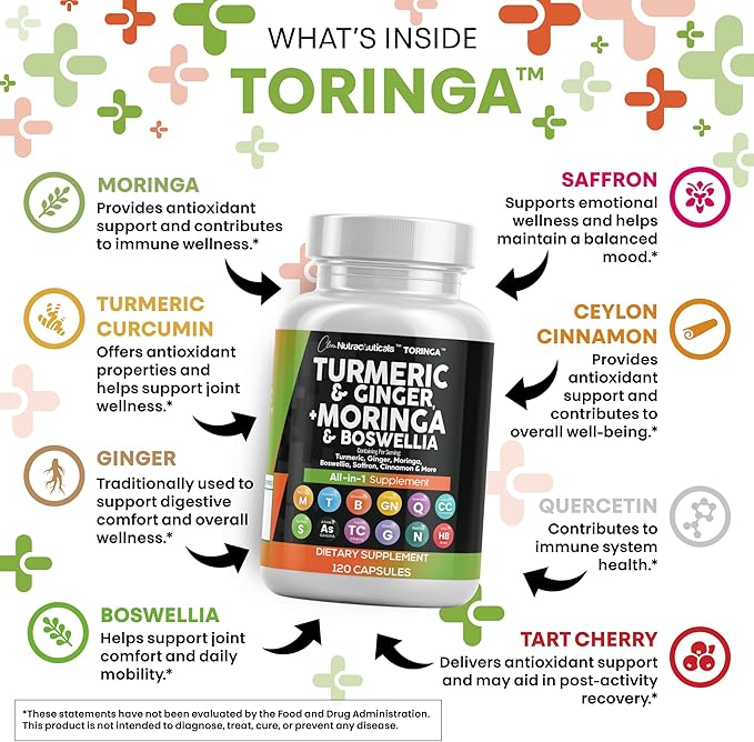 Turmeric Moringa Supplement | Ginger Boswellia Saffron - Supplement for Women and Men with Ceylon Cinnamon Tart Cherry Quercetin Garlic Nettle Holy Basil - 5Pack