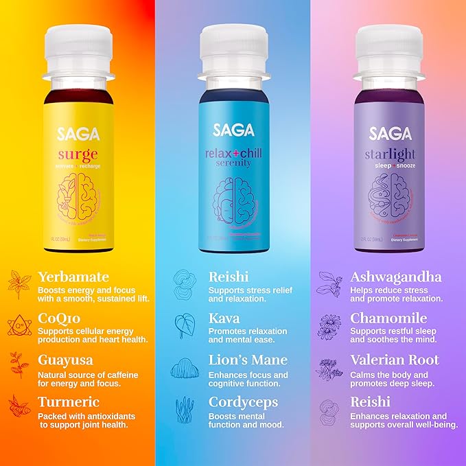 SAGA Functional Shot Variety Pack | Organic Nootropic Drink with Mushrooms Yerba Mate CoQ10 Kava &amp Valerian Root Alpha GPC Melatonin | Energy Relaxation Sleep | 2oz Plant-Based Shots (6-Pa