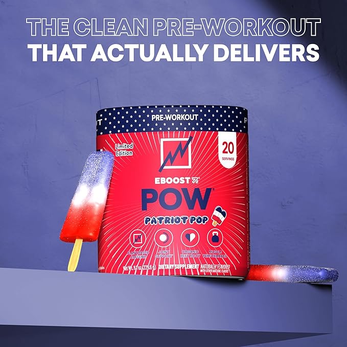 EBOOST POW Natural Pre Workout Powder - 20 Servings - Patriot Pop - Pre Workout Supplement for Performance Joint Mobility Support Energy Focus - Men &amp Women - Non-GMO Gluten-Free No Creatine