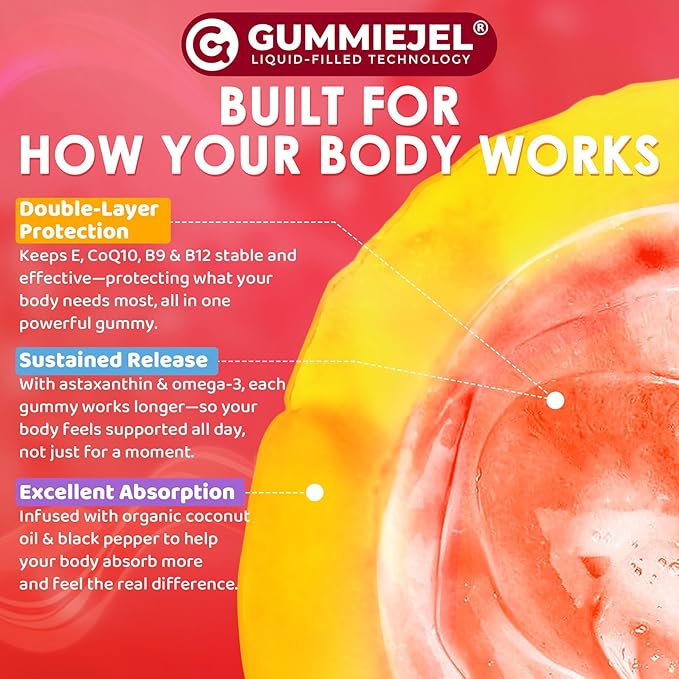 Red Yeast Rice Gummies 600mg &amp CoQ10 200mg for Adult 12-in-1 High Absorption Coenzyme Q10 Supplement Plus Omega 3 PQQ Astaxanthin Methyl B12 Support Brain Energy Immunity Antioxidant 60Ct