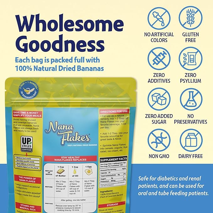 Nutritional Designs Nana Flakes 100% Natural Banana Powder Digestive Support - Source of Potassium &amp Fiber - Substitute for Eggs Butter or Oil in Baking (2LB Bag)