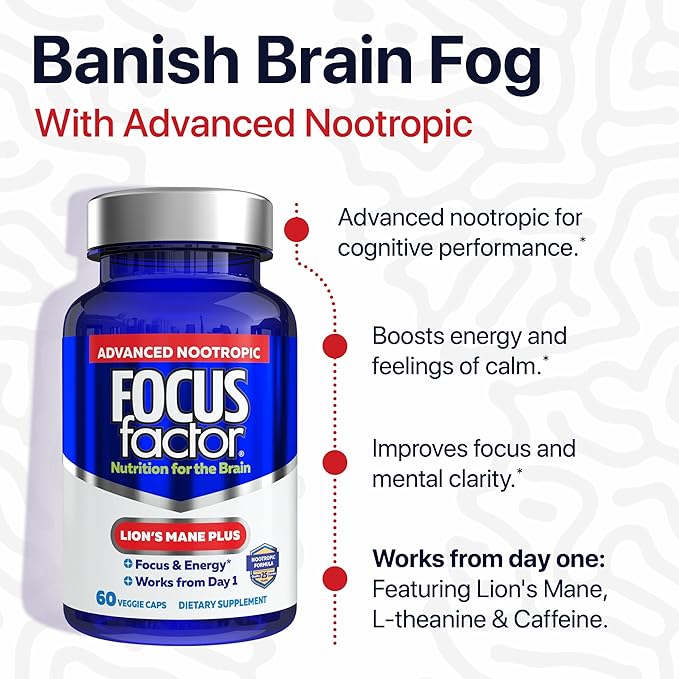 Focus Factor Lions Mane Plus Advanced Nootropic with L-Theanine Caffeine Focus and Energy (60 Count) (Pack of 3)
