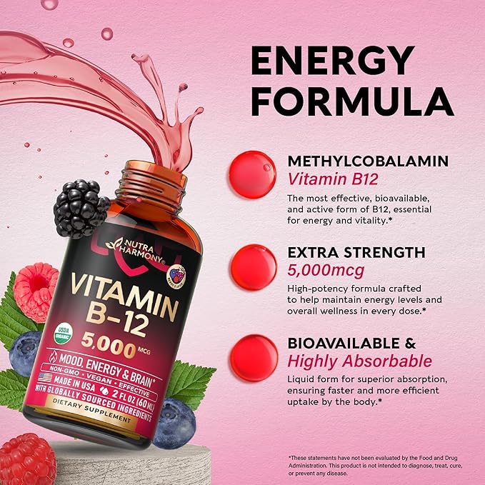 USDA Organic Vitamin B12 Sublingual Drops - 5000 mcg Liquid Vegan Methylcobalamin for Women &amp Men - Energy Boost Focus &amp Mood Brain Health Support - Maximize Absorption - 2 Month Supply 2 f