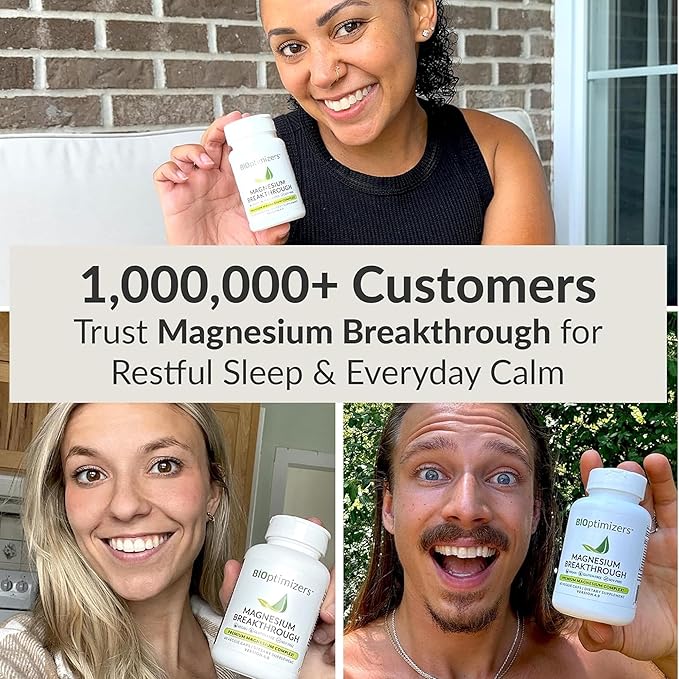 BIOptimizers Magnesium Breakthrough Supplement with 500mg - 7 Forms of Magnesium: Glycinate Malate Citrate and More - Natural Support for Sleep and Cognitive Function -60 Capsules- Calming Vitamins
